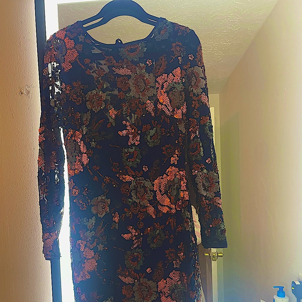 New with tags— Anthropologie sparkly long-sleeve cocktail dress. Navy